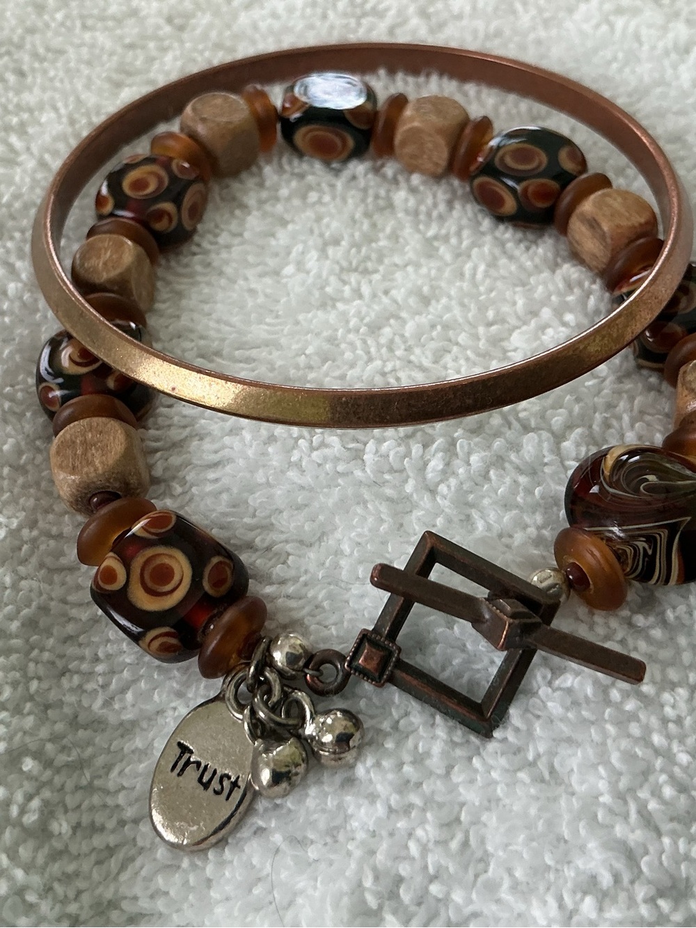 2 Piece Bracelet Set Brown Glass & Wood Beaded and matching Copper Bracelet
